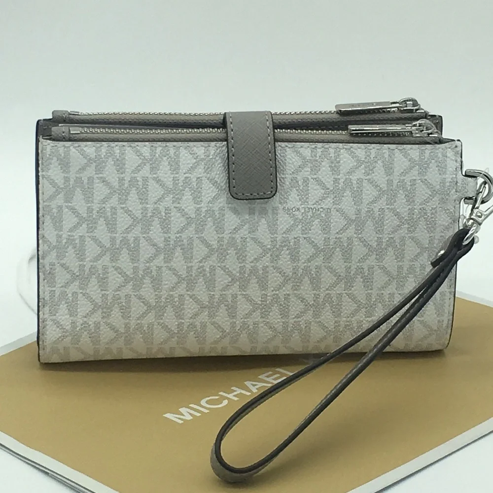 MICHAEL KORS LG DOUBLE ZIP wristlet BRT WHITE